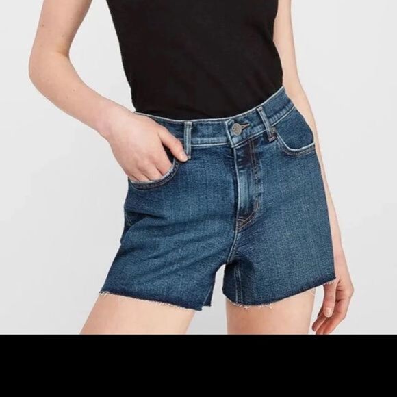 High Waisted Dark Wash Raw Hem Jean Shorts express - Picture 2 of 3